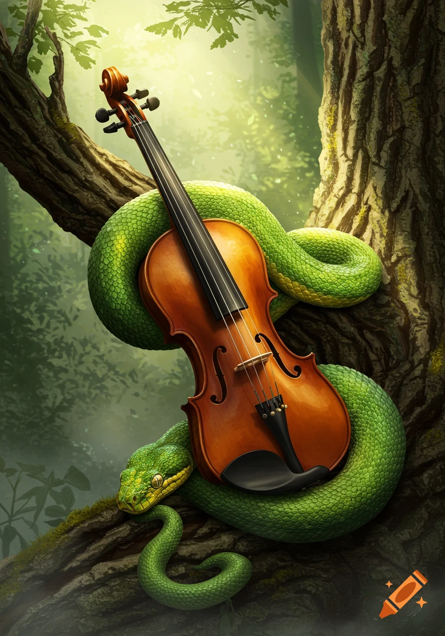 A vibrant green snake coiled around a wooden violin on a mossy tree branch in a sunlit forest.