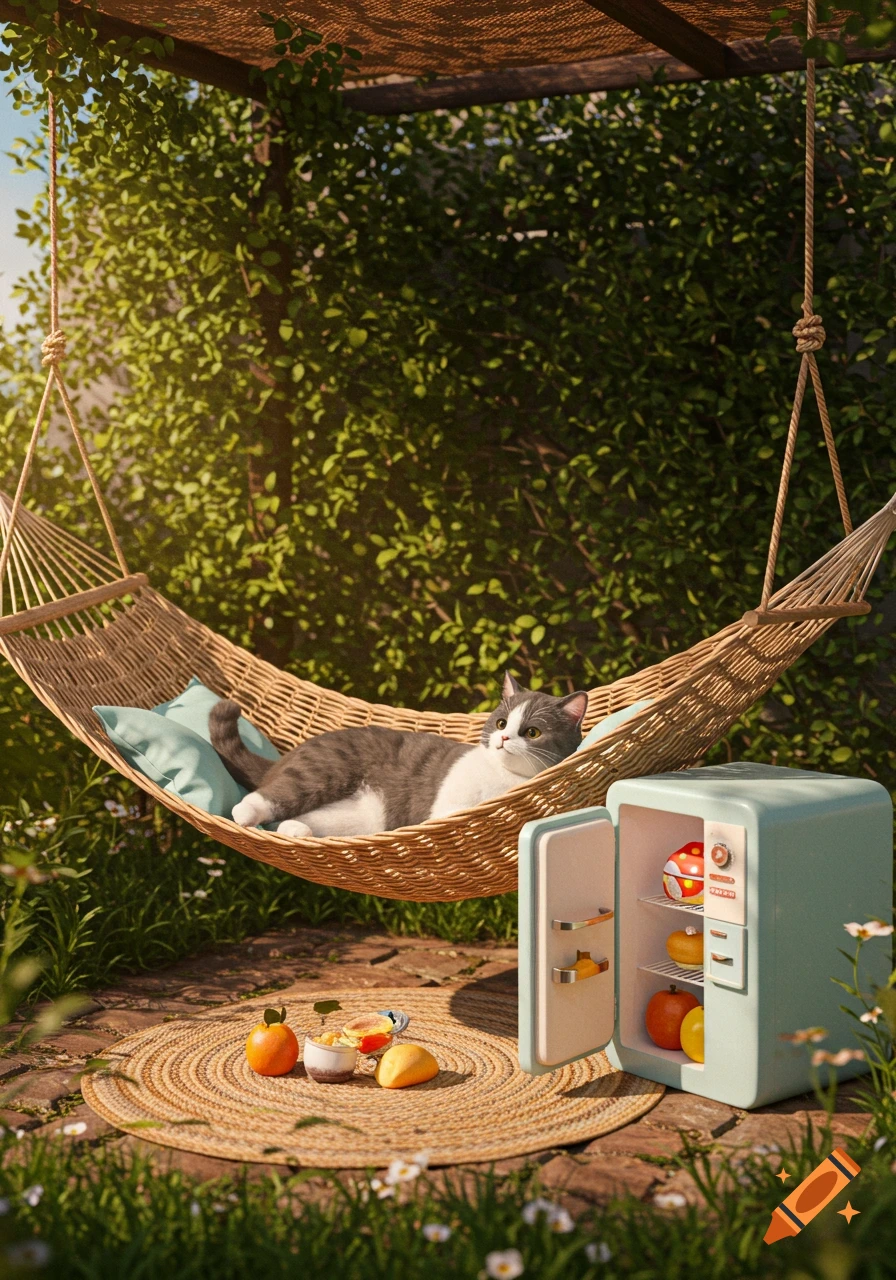 A photorealistic grey and white cat relaxes in a wicker hammock outdoors next to an open mint green mini-fridge. A woven rug with fruit and a drink is on the ground.