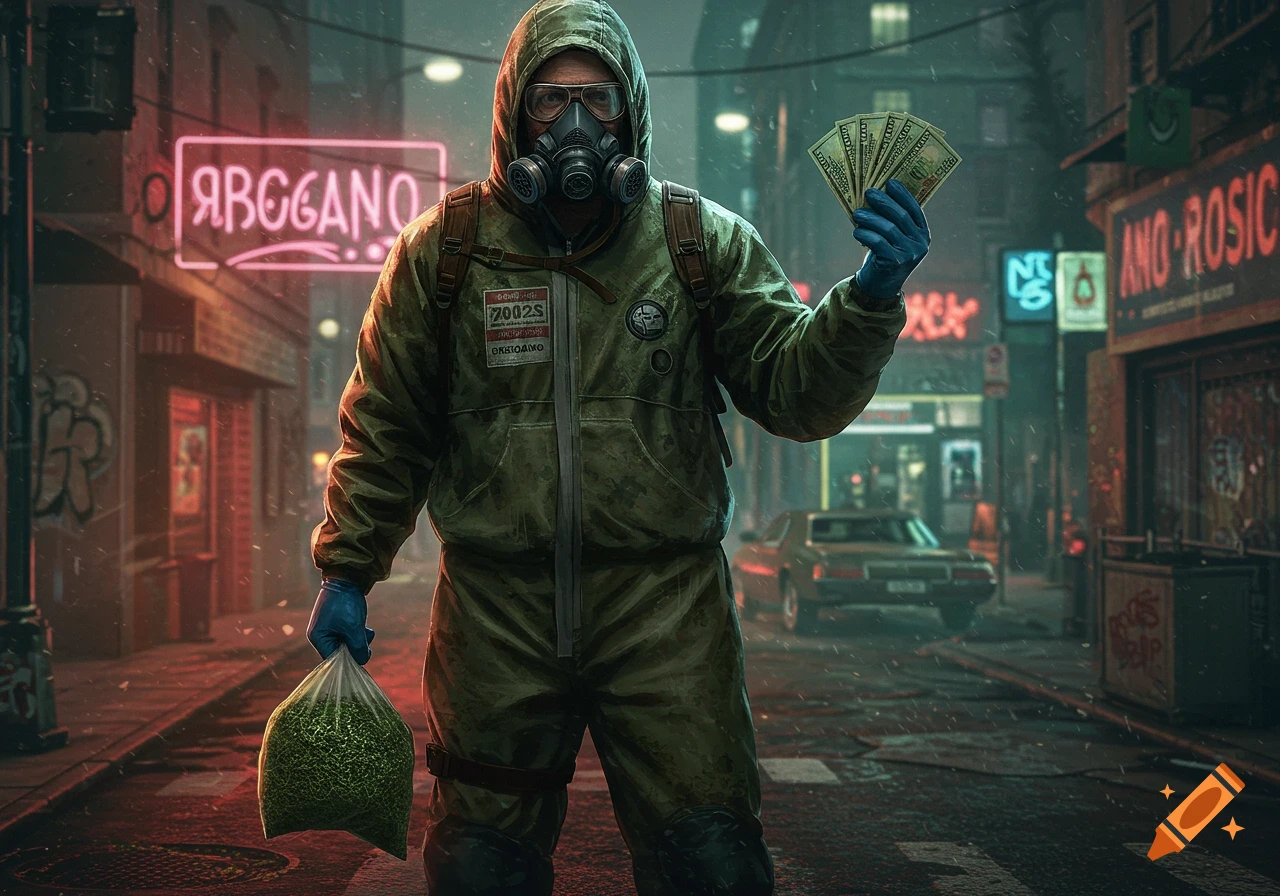 A person in a hazmat suit holds a bag of green substance and a fan of money on a neon-lit, rainy city street.
