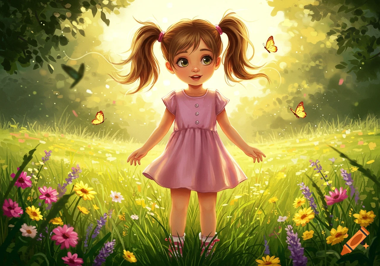 A smiling young girl with pigtails in a pink dress stands in a vibrant, sunlit field filled with colorful flowers and butterflies, in a whimsical illustration style.