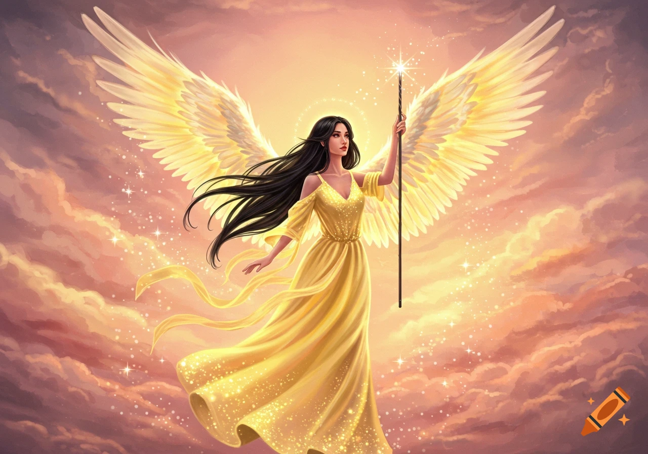 An angelic woman with long black hair, large golden wings, and a sparkling yellow dress holds a glowing wand against a sunset sky.
