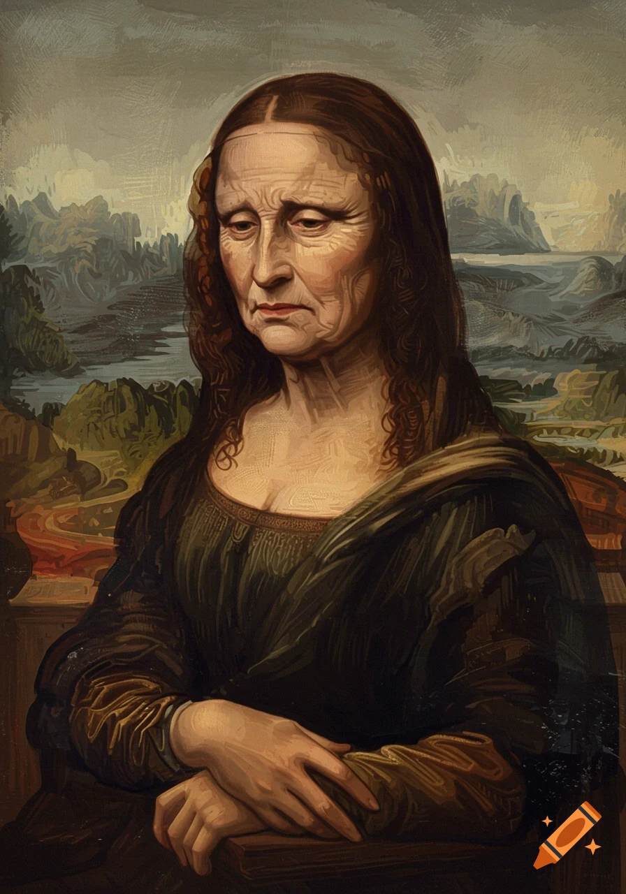A painting of an old, sad Mona Lisa with deep wrinkles and long dark hair, seated before a classic landscape background.