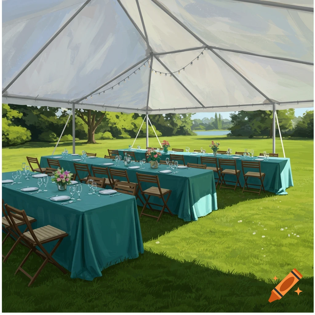A white canopy tent covers long tables with teal tablecloths and wooden chairs set up on a green lawn for an outdoor event.