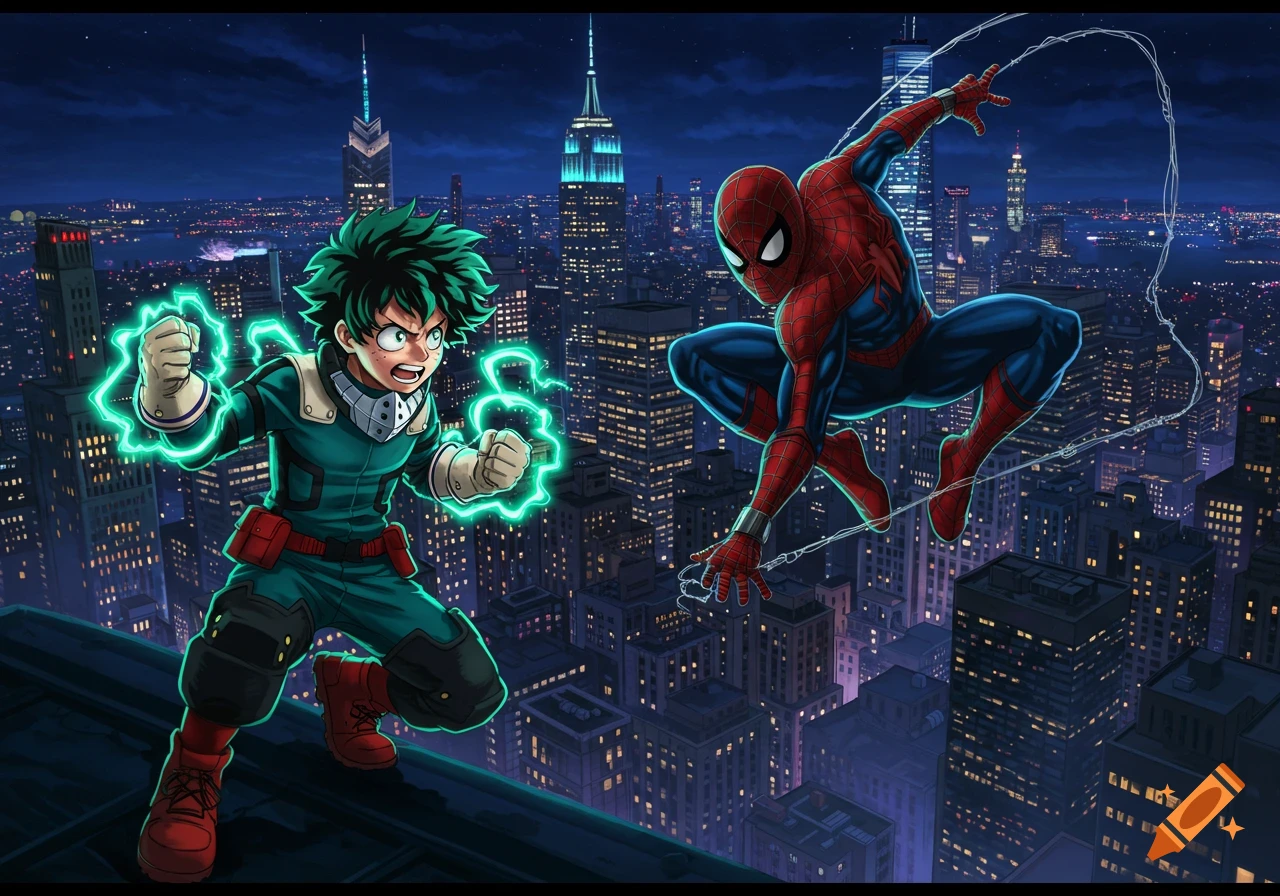 Deku and Spider-Man confront each other on a rooftop overlooking a vibrant cityscape at night in a comic book art style.