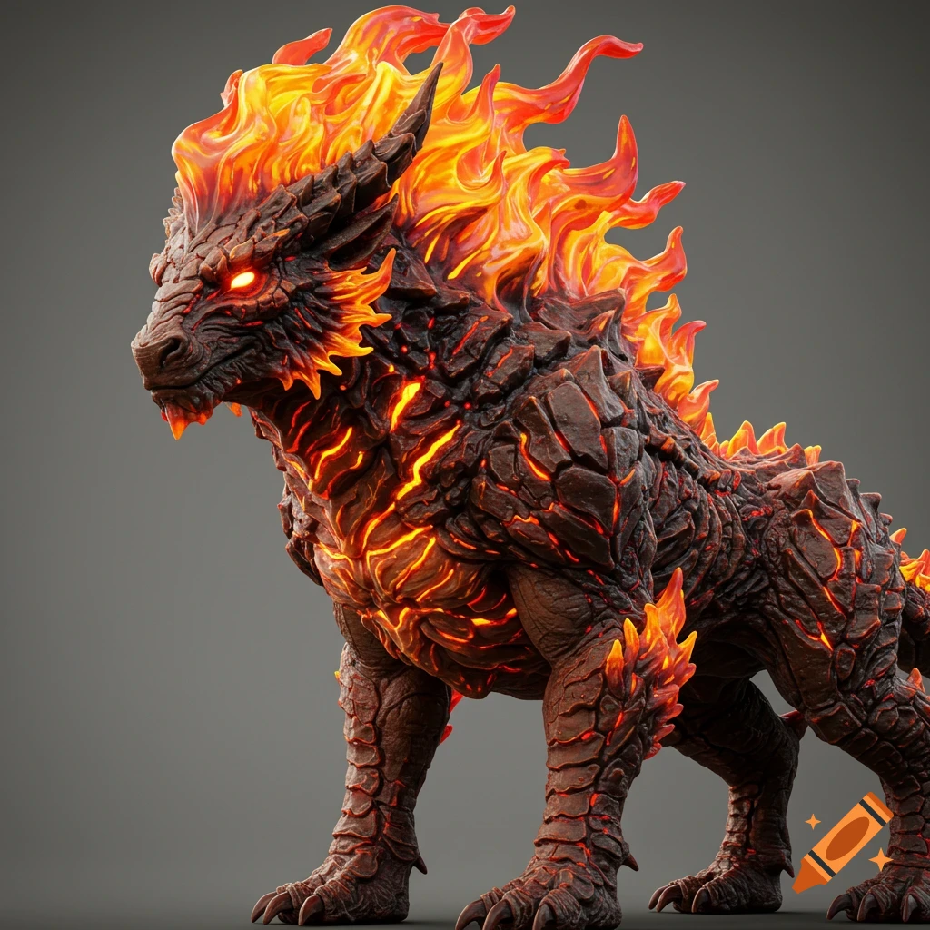 A detailed 3D rendered creature with dark, rocky skin, glowing orange cracks like lava, and bright flames erupting from its back and head.