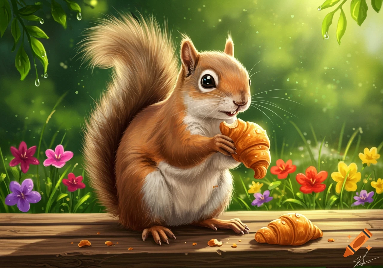 An adorable squirrel sitting on a wooden plank, happily eating a croissant in a lush green garden with colorful flowers.