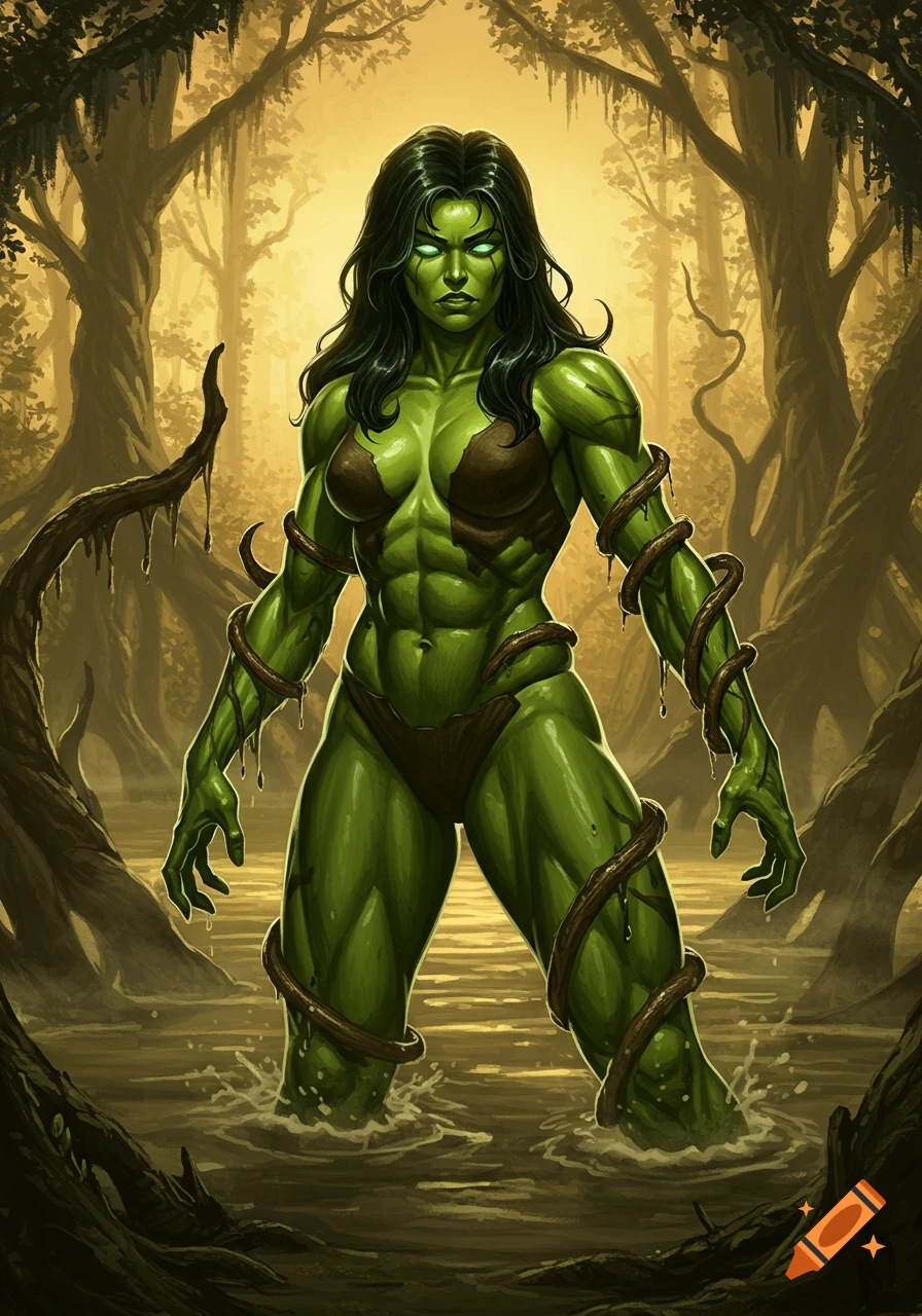 A muscular green female character with glowing eyes stands in a swamp surrounded by trees, in a comic art style.