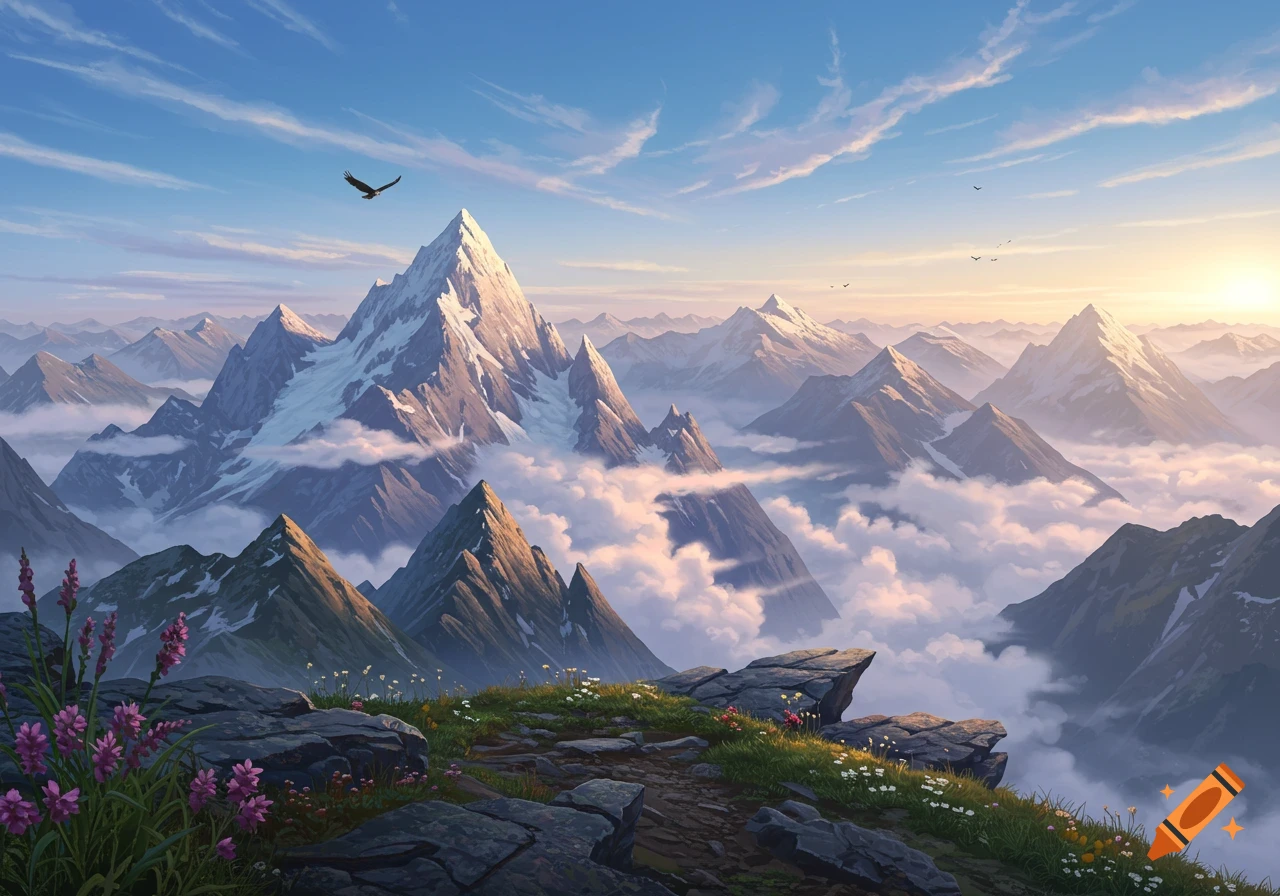 A stunning panoramic view of snow-capped mountain peaks rising above a sea of clouds under a vast blue sky, with an eagle soaring.