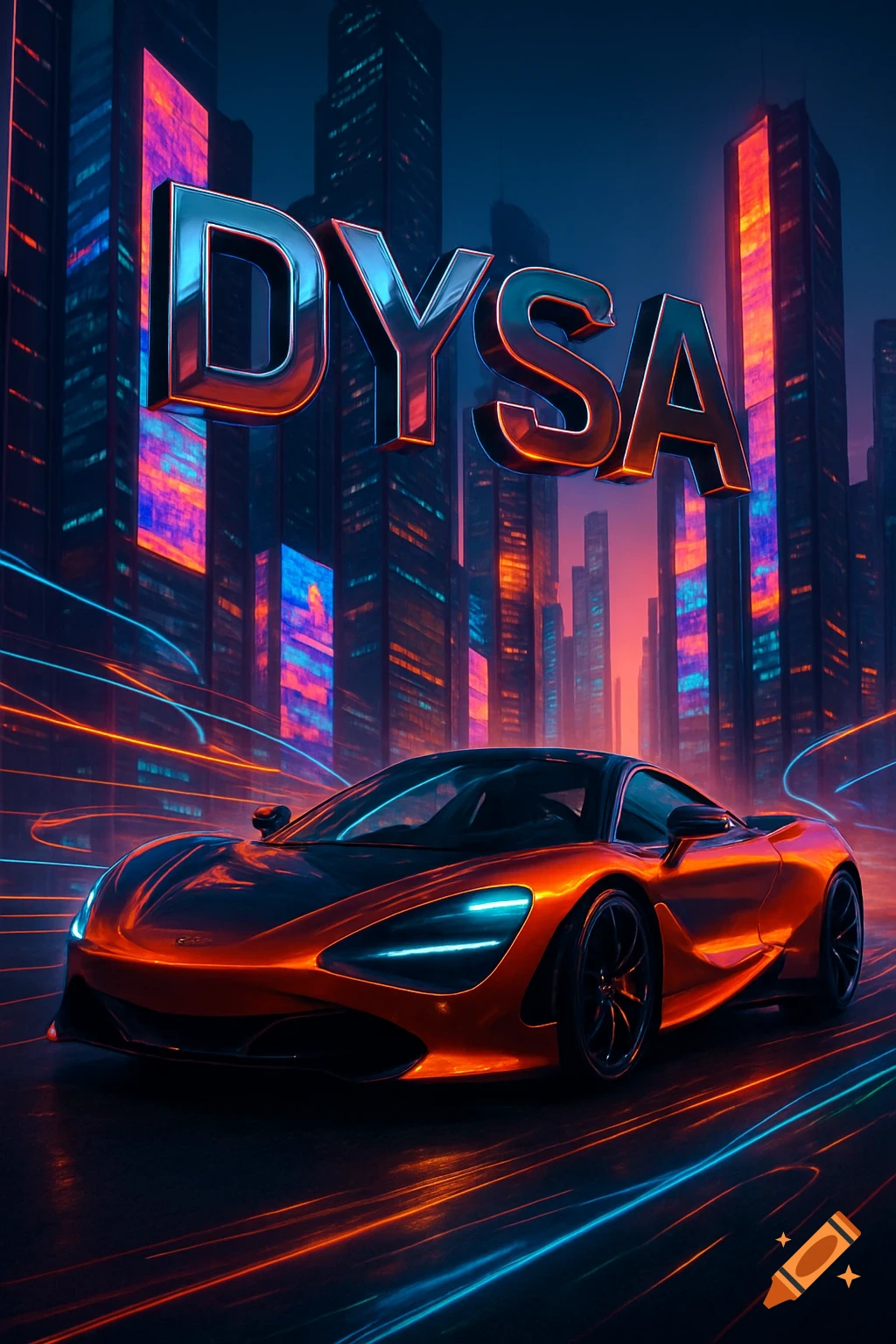 A neon orange McLaren 720S races through a futuristic city at night, with the large chrome text "DYSA" floating above.