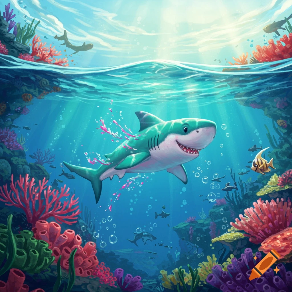 A friendly cartoon shark swims underwater amidst colorful coral reefs and small fish, with light rays piercing the blue water from above.