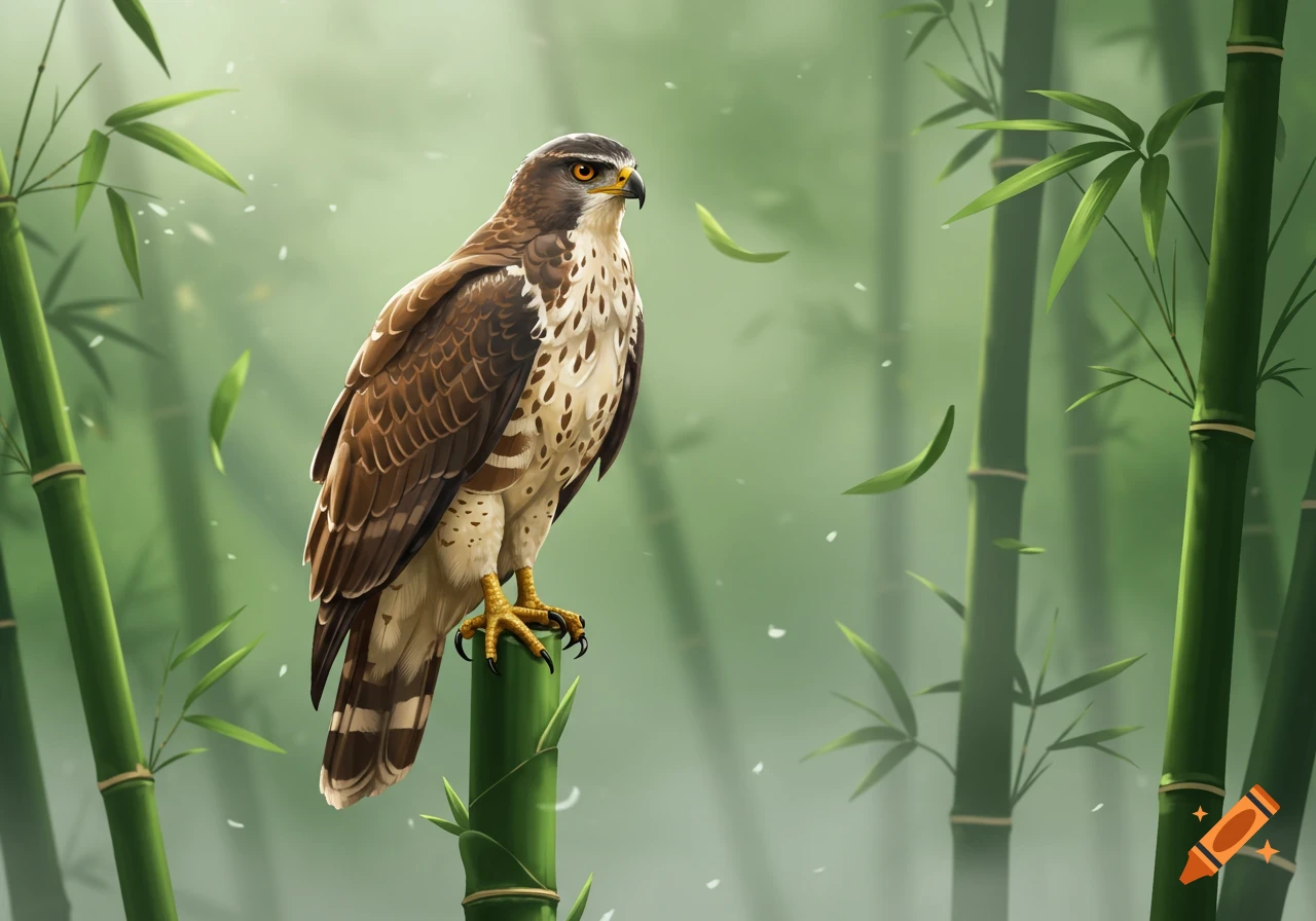 An eagle with brown and white feathers perches on a bamboo stalk in a misty forest.