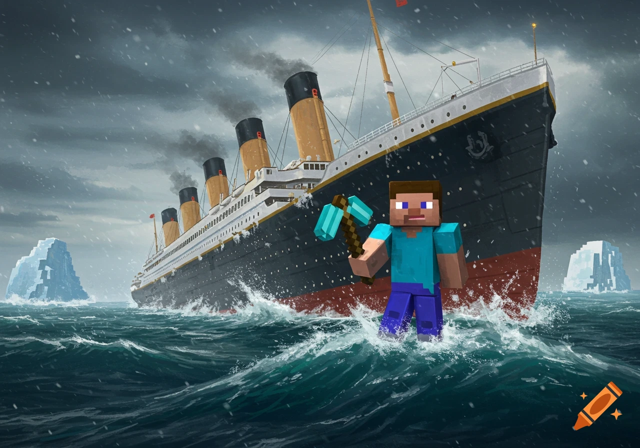 Minecraft Steve, holding a pickaxe, stands in rough ocean water with the Titanic ship and icebergs in the background under a cloudy sky.
