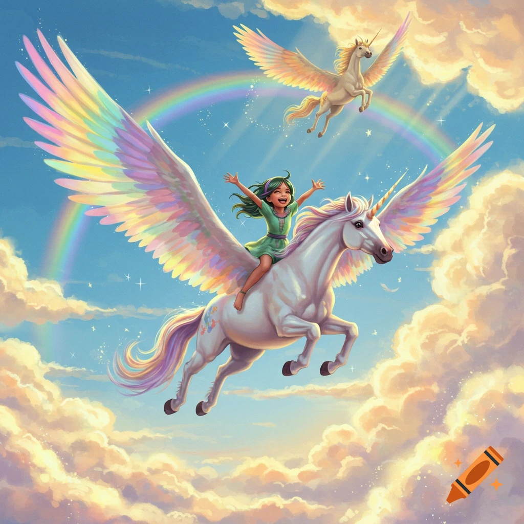 A joyful child rides a white unicorn with rainbow wings, flying through a vibrant blue sky with clouds and a rainbow.