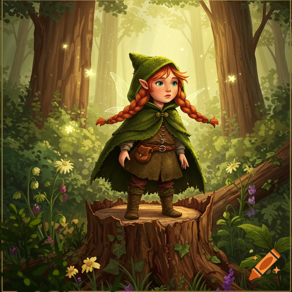 A young, red-braided forest gnome wearing a green cloak stands on a tree stump in a magical sunlit forest.