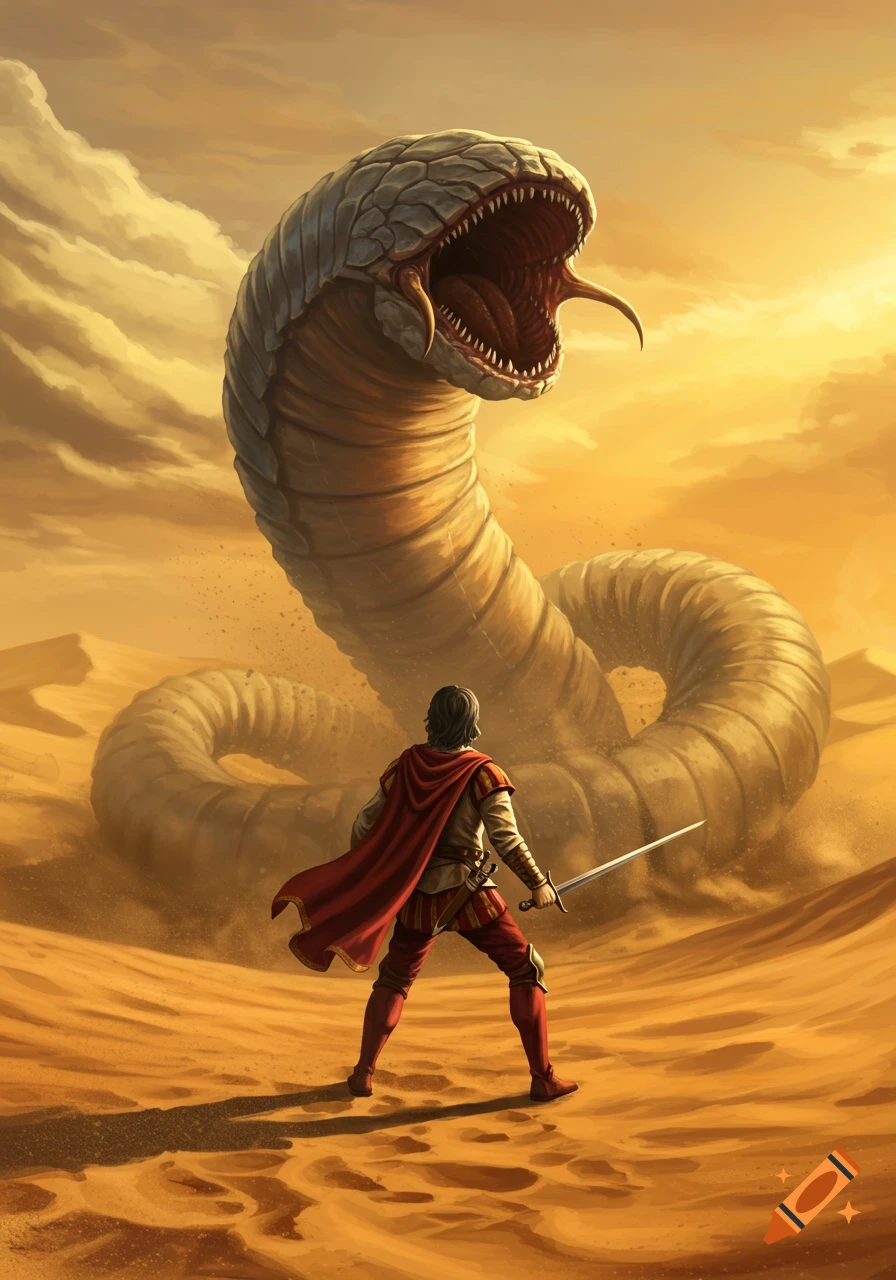 A man in a red cape and armor stands with a sword facing a colossal, open-mouthed sand worm in a golden desert landscape.
