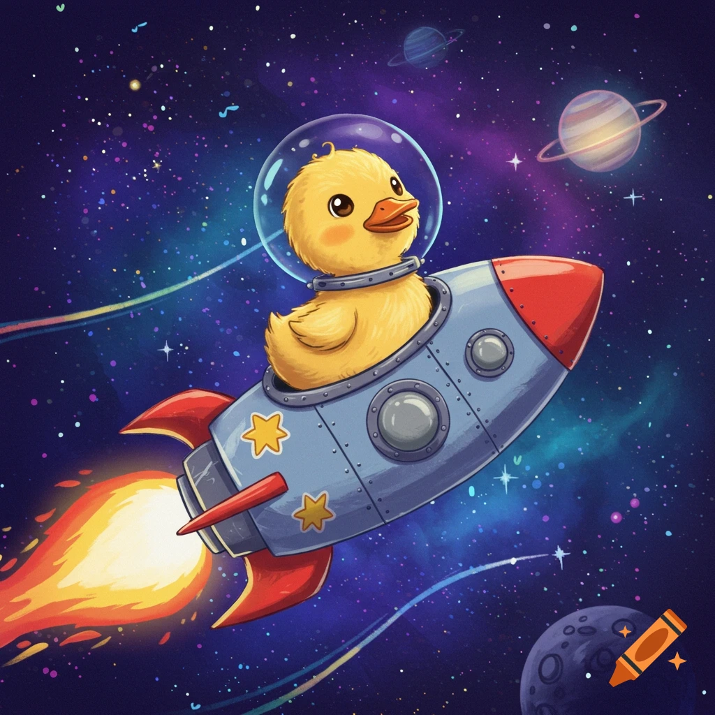 A cute yellow duckling in an astronaut helmet flies through outer space in a gray and red rocket ship with a fiery exhaust, past colorful planets and stars, in a cartoon style.