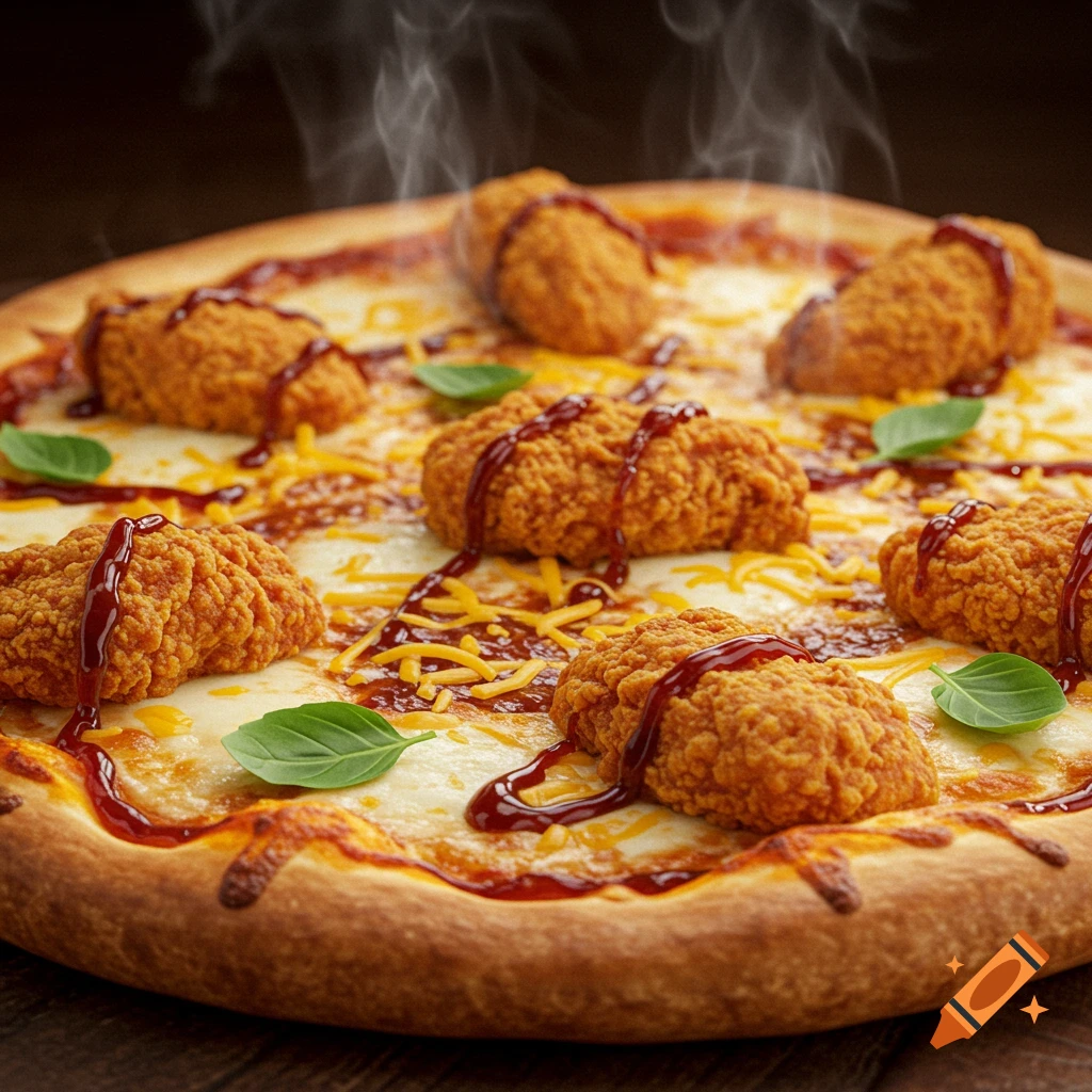 Photorealistic close-up of a hot pizza topped with crispy fried chicken, melted cheese, sauce, and basil leaves, with steam rising.