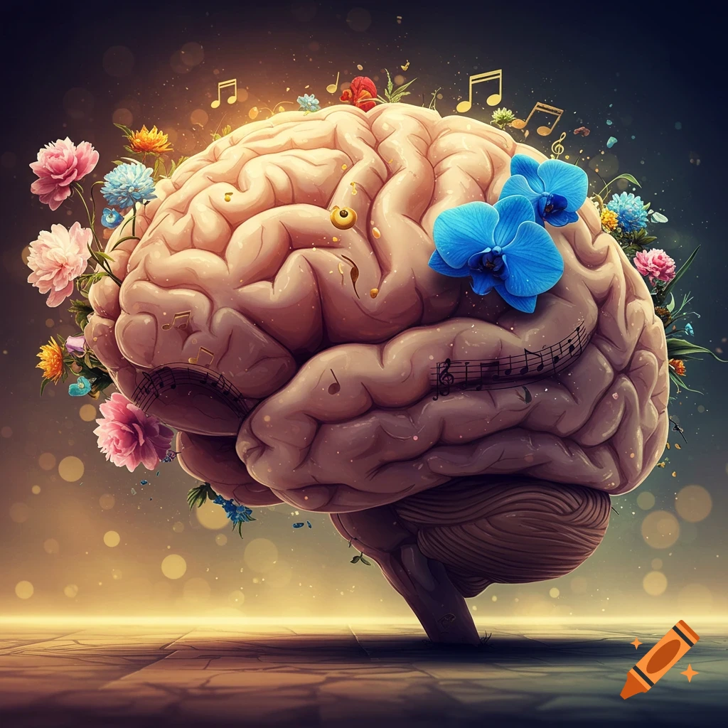 A stylized human brain adorned with vibrant flowers and musical notes, glowing softly against a dark, bokeh-filled background.