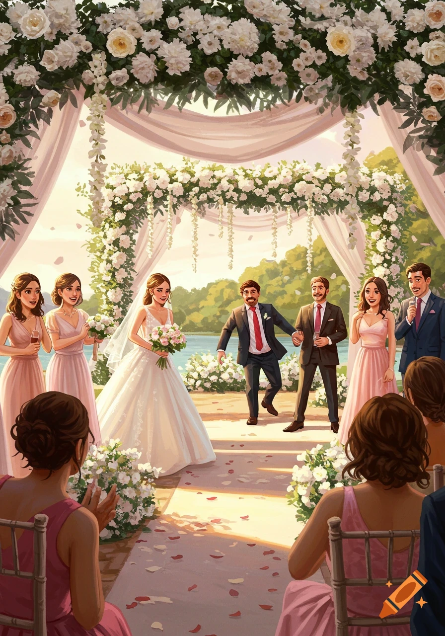 An illustrated outdoor wedding ceremony with a bride and groom, as a man in a suit crashes the event under a floral arch.