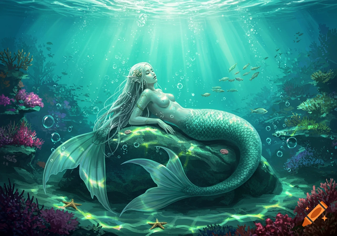 A beautiful white-haired mermaid reclines on a rock in a vibrant underwater scene with light rays and colorful coral.