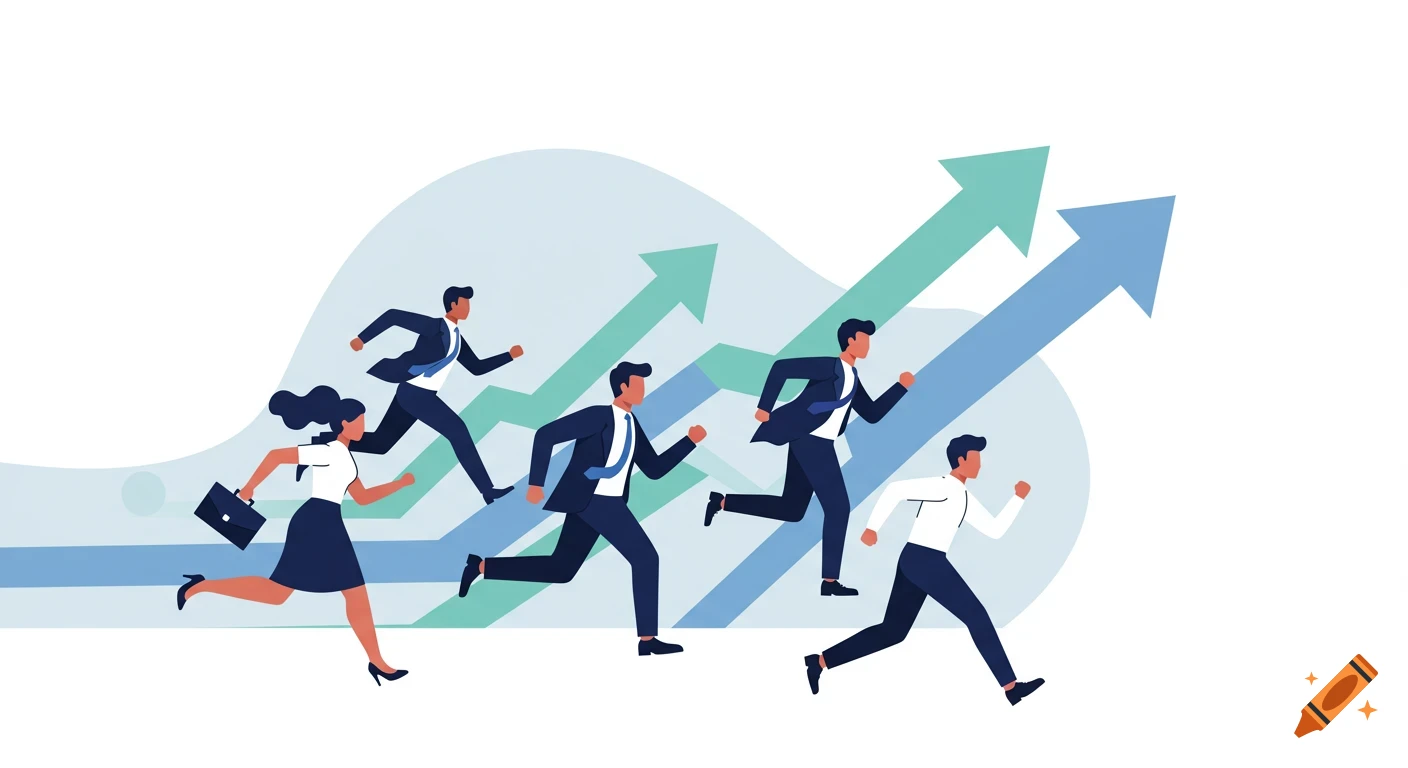 Flat illustration of five business people running with upward arrows, symbolizing progress.
