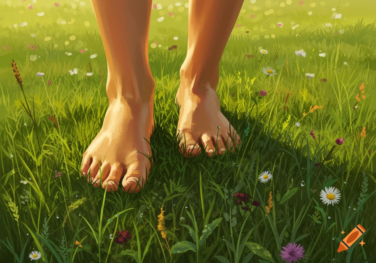 Bare feet stand in lush green grass with small wildflowers under warm sunlight, rendered in a painterly illustration style.