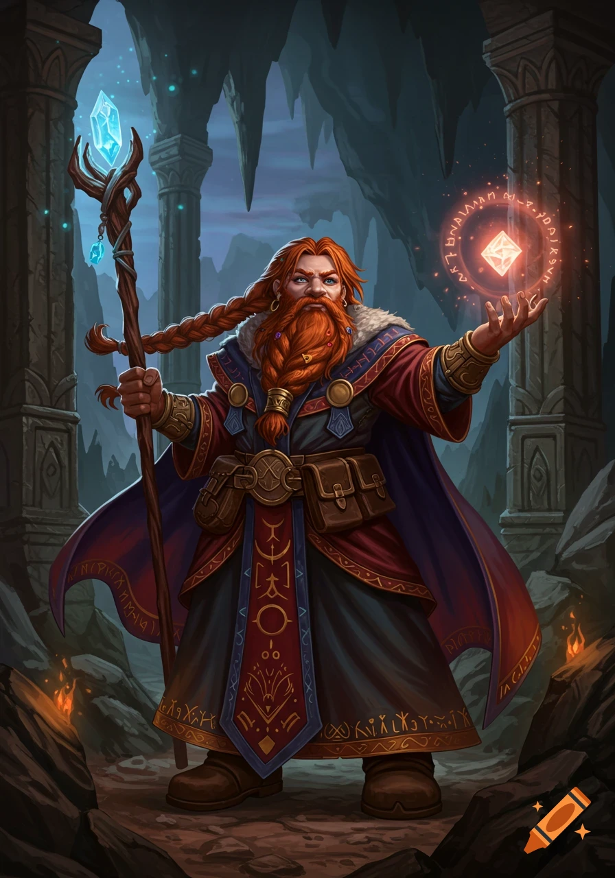 A male dwarf sorcerer with a braided red beard stands in a dark cave, holding a crystal-topped staff and casting a glowing red spell.