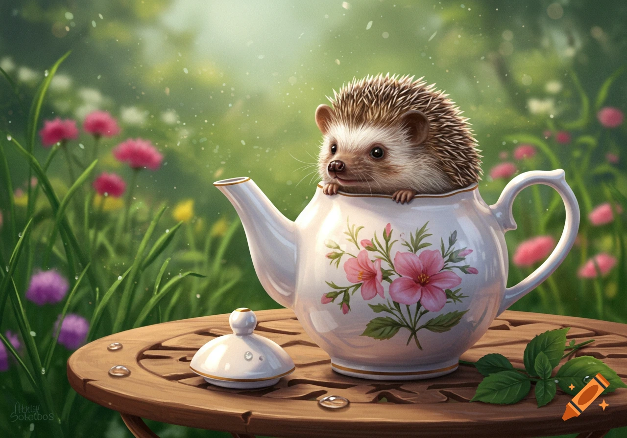 A cute hedgehog peeking out of a white teapot with pink flowers on a wooden table in a sunny garden.