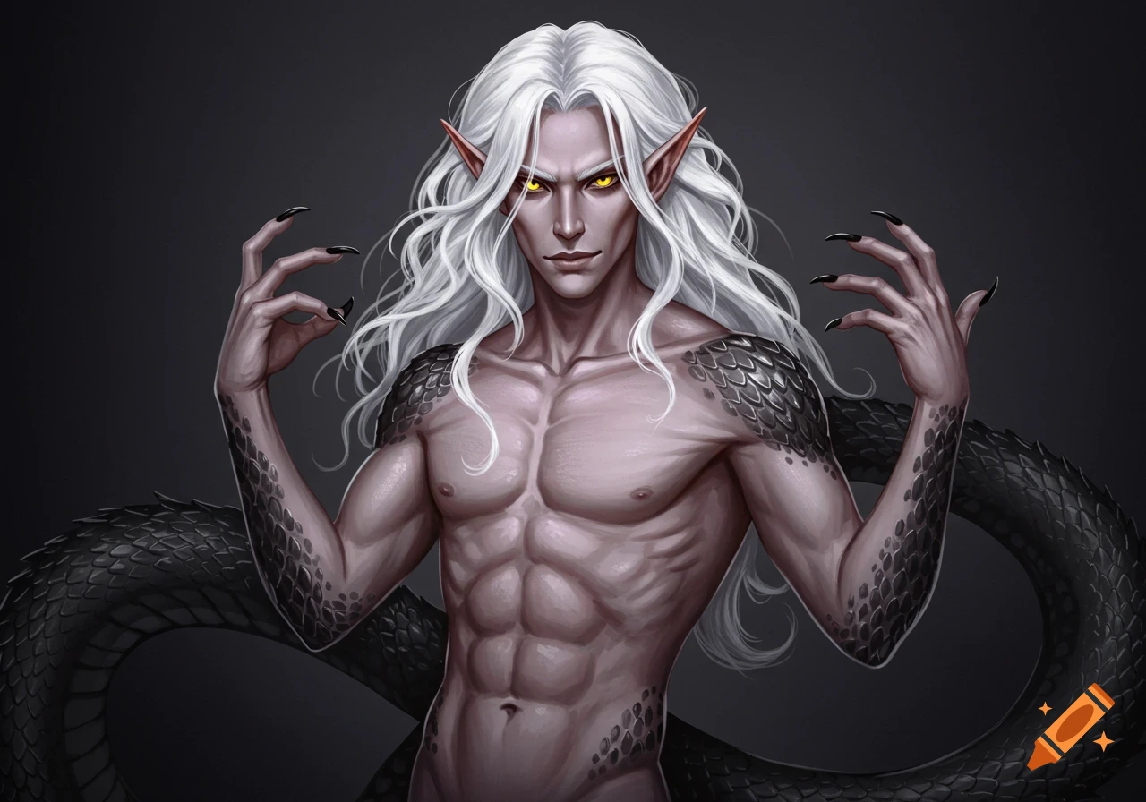Pseudo-realistic digital art of a male fantasy creature with white hair, yellow eyes, pointed ears, and black scales.