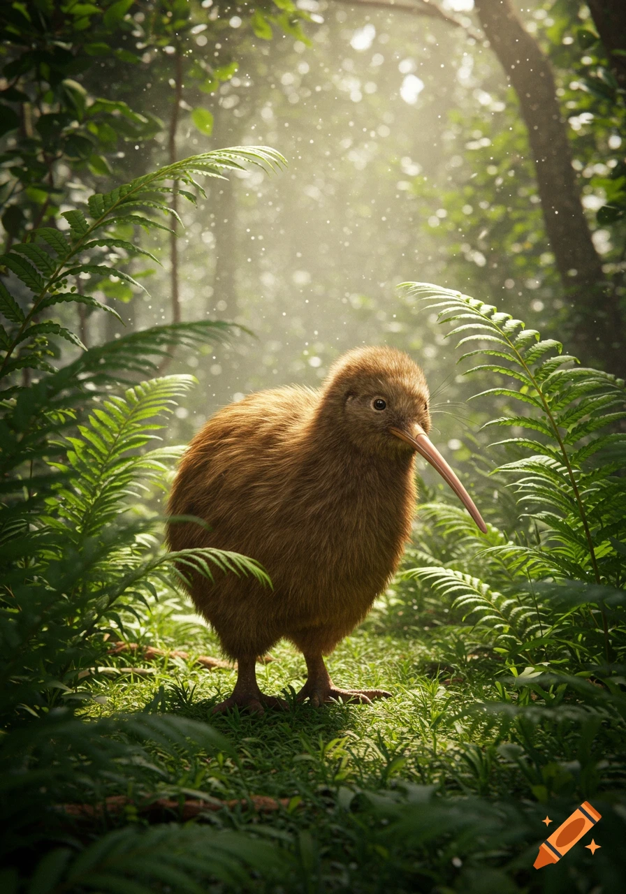 A photorealistic brown kiwi bird stands in a sunlit forest among green ferns and dappled light.