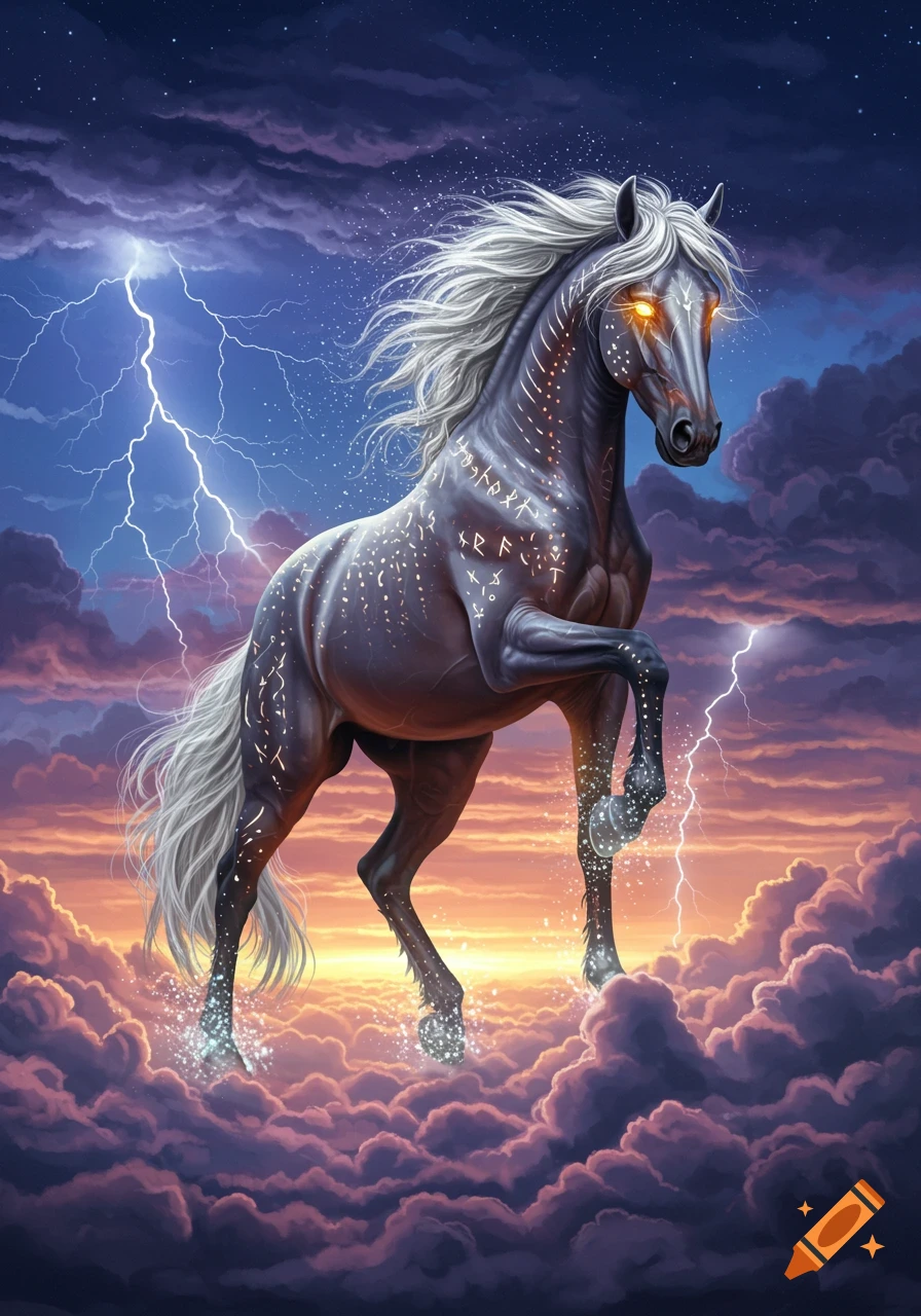 A dark mystical horse with glowing eyes and runic markings stands on clouds during a lightning storm at sunset.