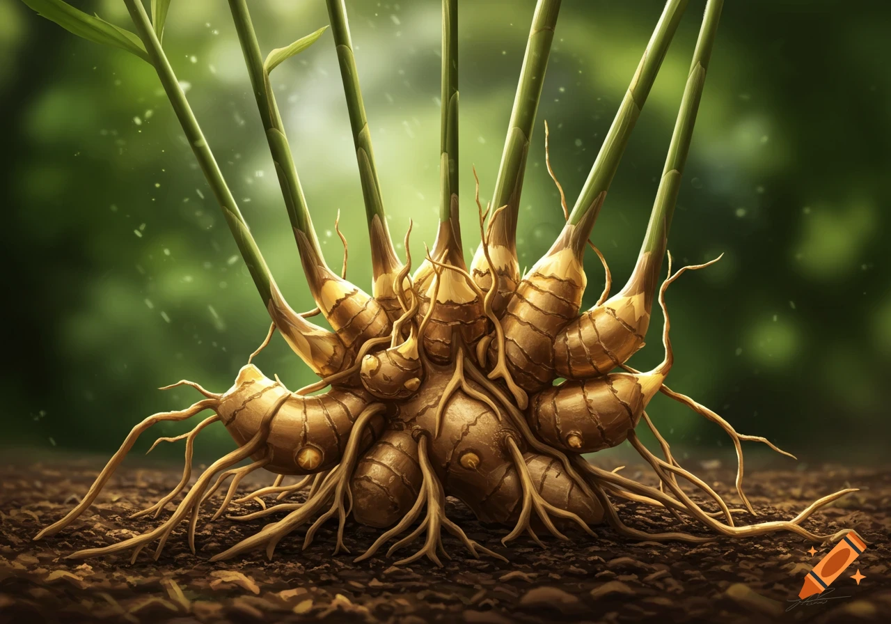 A detailed illustration of a ginger root with many light brown rhizomes and thin roots in dark soil, with green shoots.