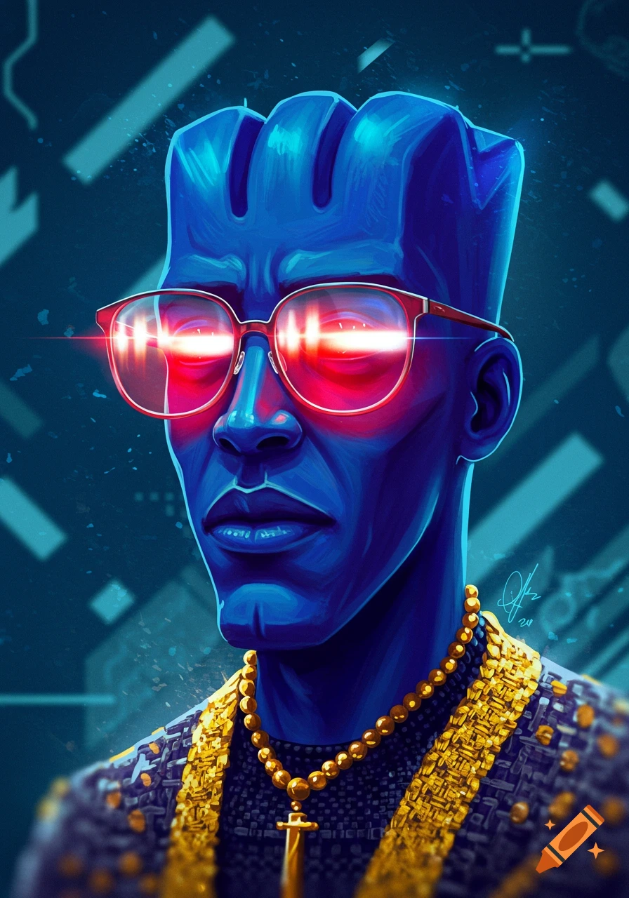 A stylized blue-skinned person with glowing red eyes in glasses and a gold beaded necklace, in a futuristic digital art style.