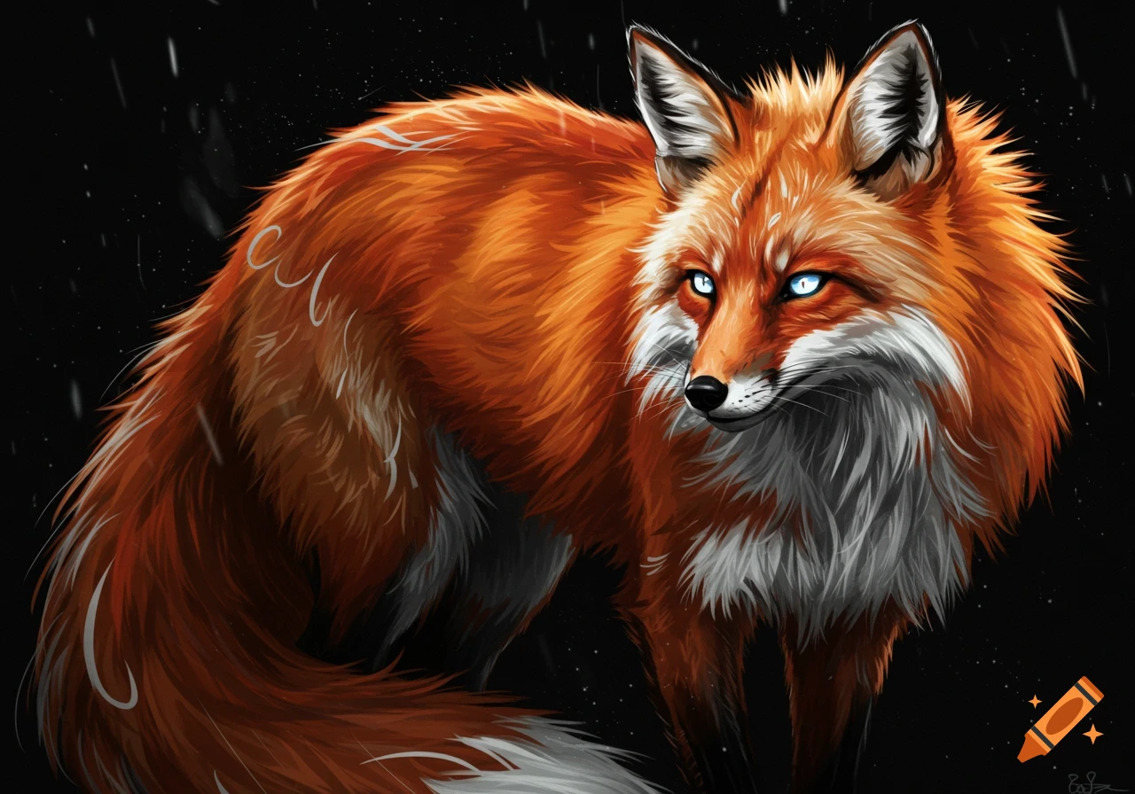 A stylized red fox with bright blue eyes stands against a dark background with faint white specks.