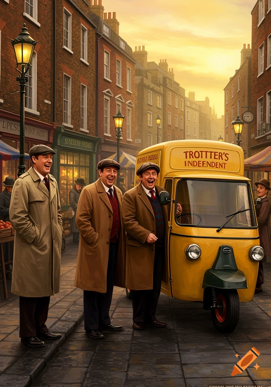 Three men in trench coats and flat caps laugh beside a yellow three-wheeled van that reads "TROTTER'S INDEPENDENT" on a brick-lined street at sunset.