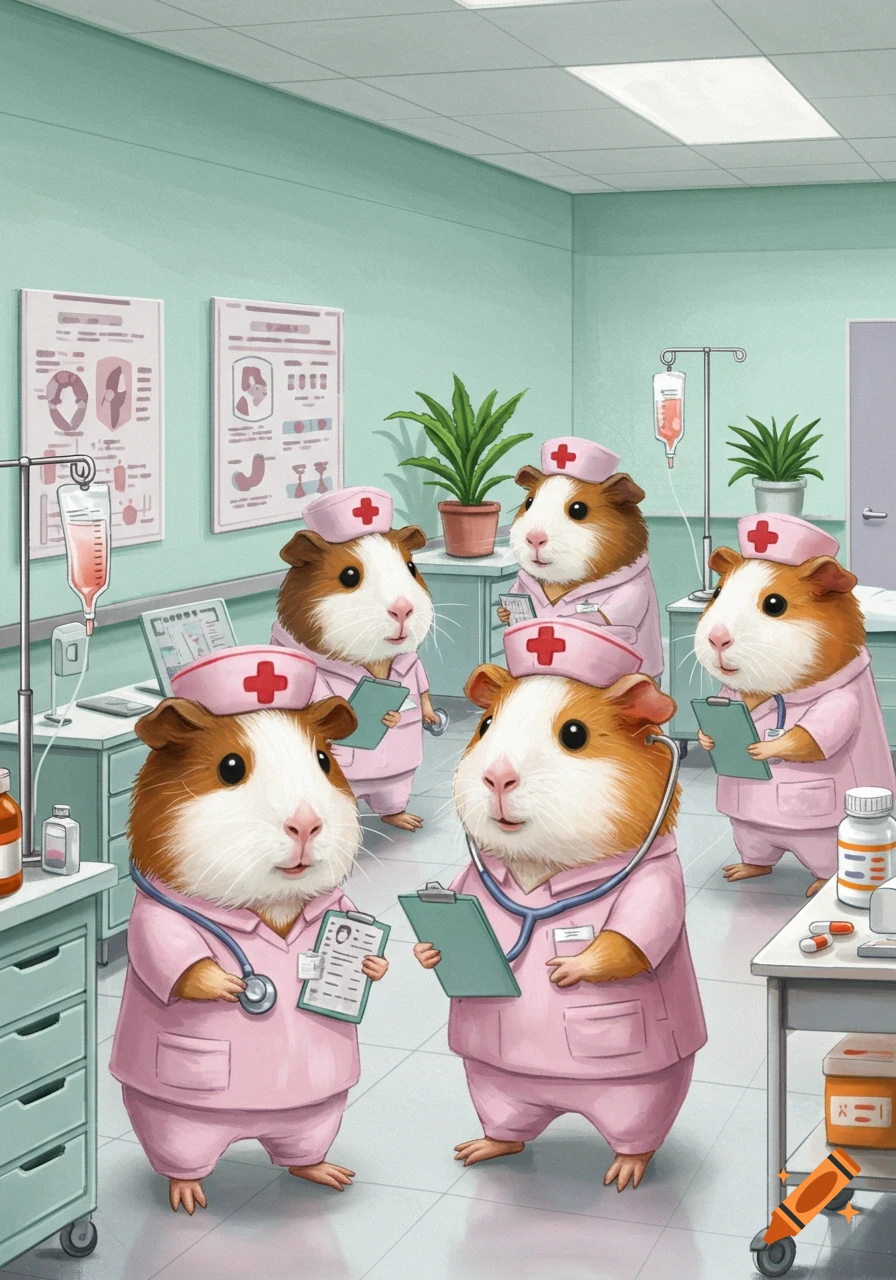 Five adorable cartoon guinea pig nurses in pink scrubs and caps, holding clipboards and stethoscopes, in a hospital room.