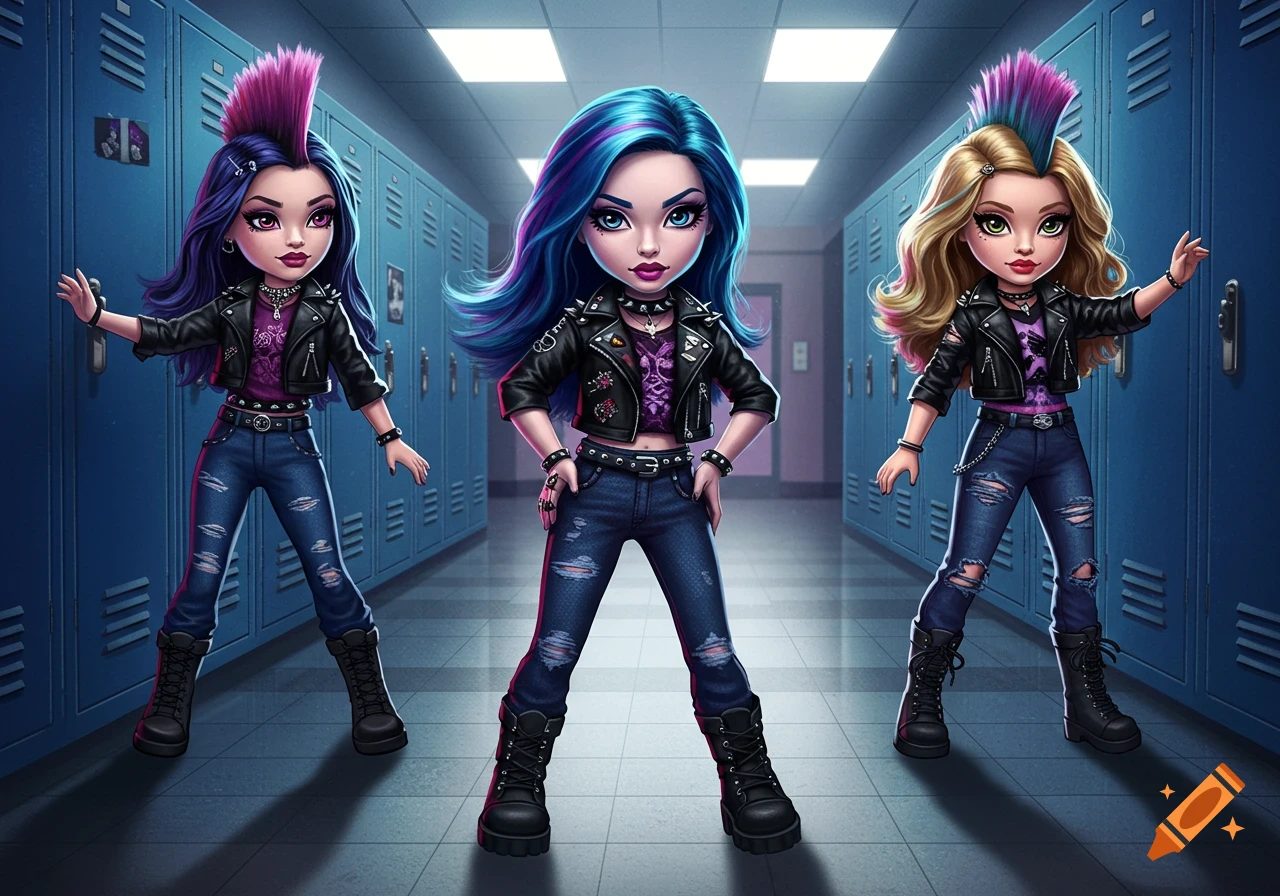 Three stylized girls with punk hair and outfits stand in a school hallway with blue lockers.