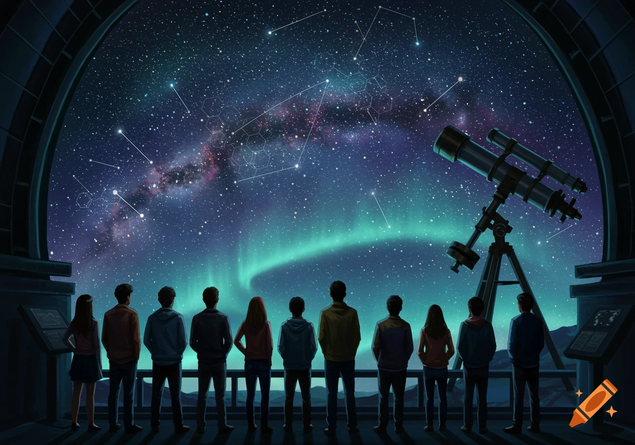An illustrated view from an observatory, showing a group of people looking at a starry night sky with the Milky Way, aurora borealis, and a telescope.
