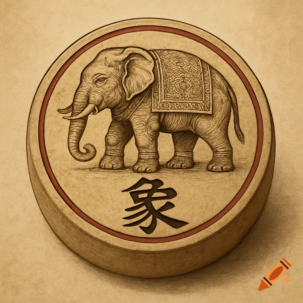 An old-style illustration of an elephant on a circular Xiangqi game piece, with the Chinese character for elephant below it.