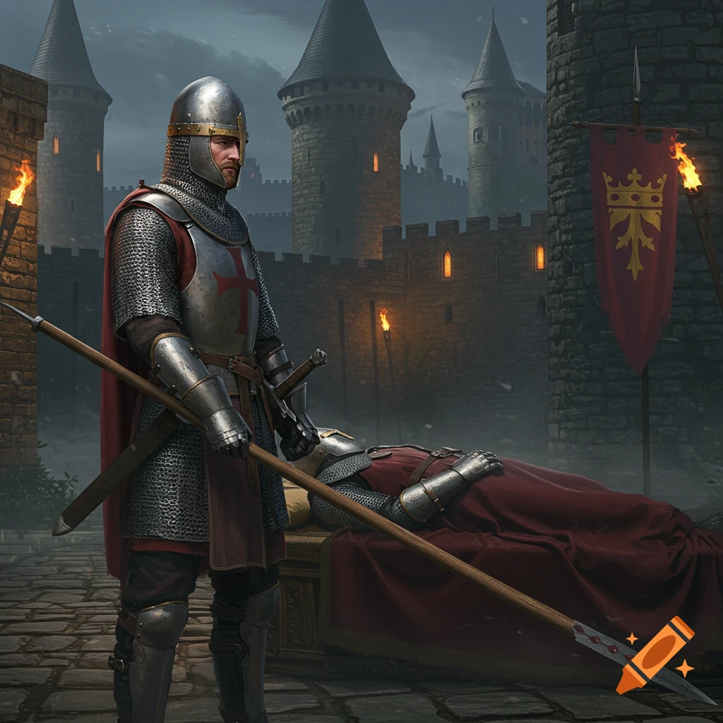 A medieval knight in chainmail armor stands guard with a spear over a fallen king under a red banner inside a stone castle courtyard.