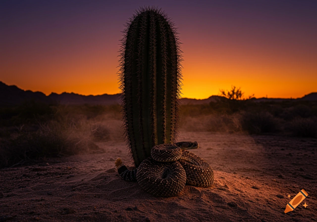 A rattlesnake coiled at the base of a tall saguaro cactus in a desert landscape at sunset.