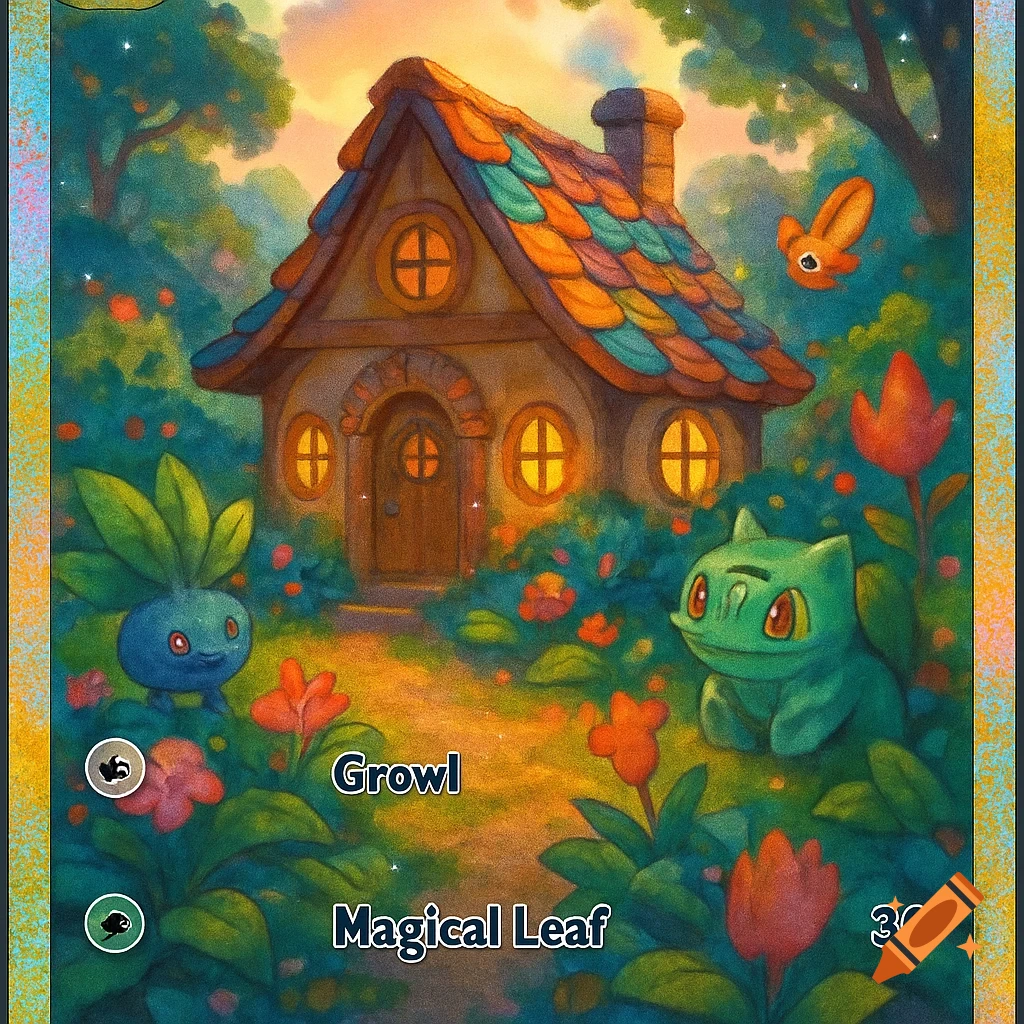 A whimsical painted cottage in a lush landscape with Oddish and Bulbasaur, designed as a Pokémon trading card.