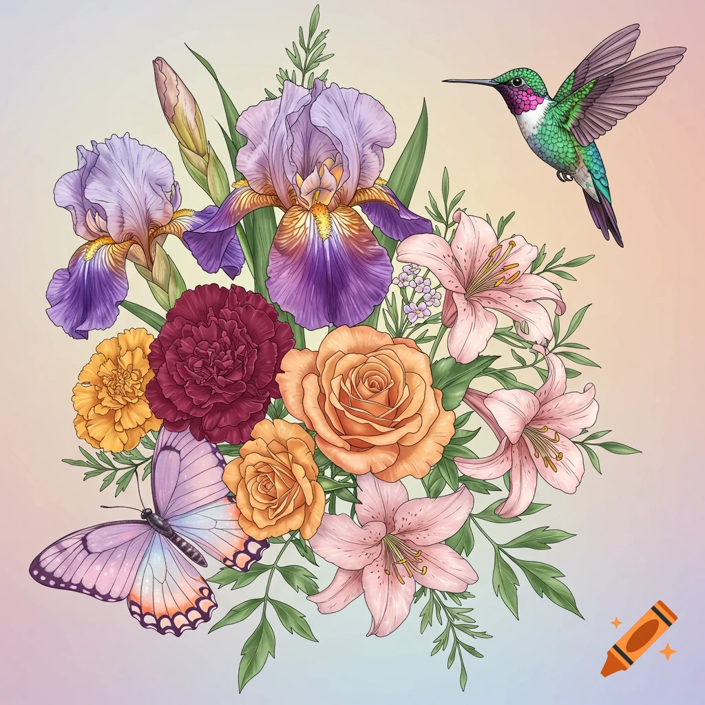 Illustrated bouquet of purple irises, orange roses, red marigolds, pink lilies with a hummingbird and butterfly on a gradient background.