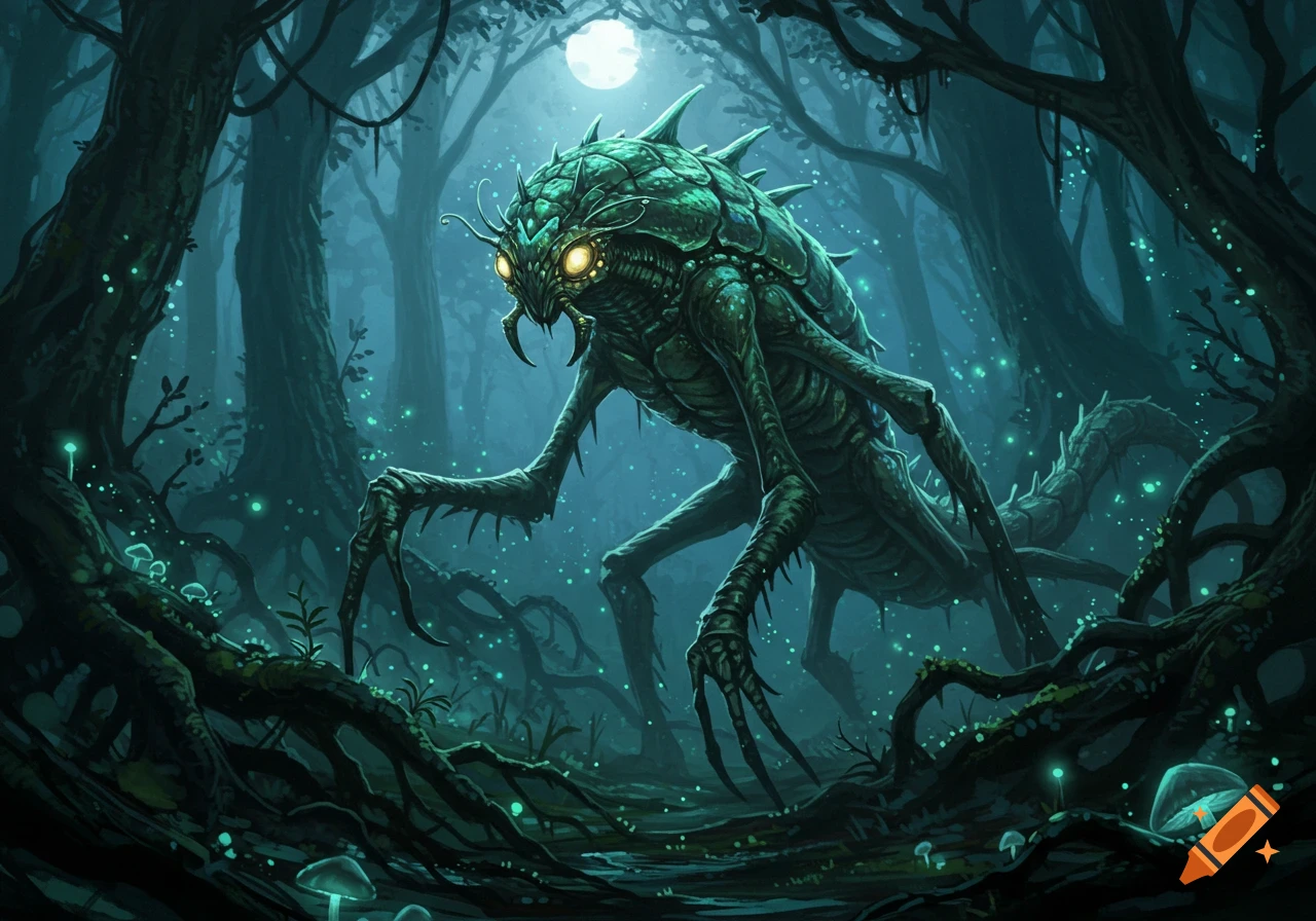 A green, spiky, insectoid monster with glowing eyes stands in a dark, ethereal forest under a full moon.