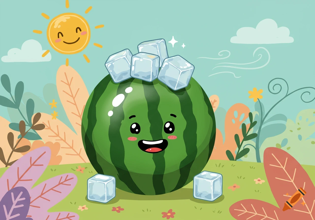A cute cartoon watermelon with a smiling face, topped with ice cubes, in a sunny outdoor scene with plants.