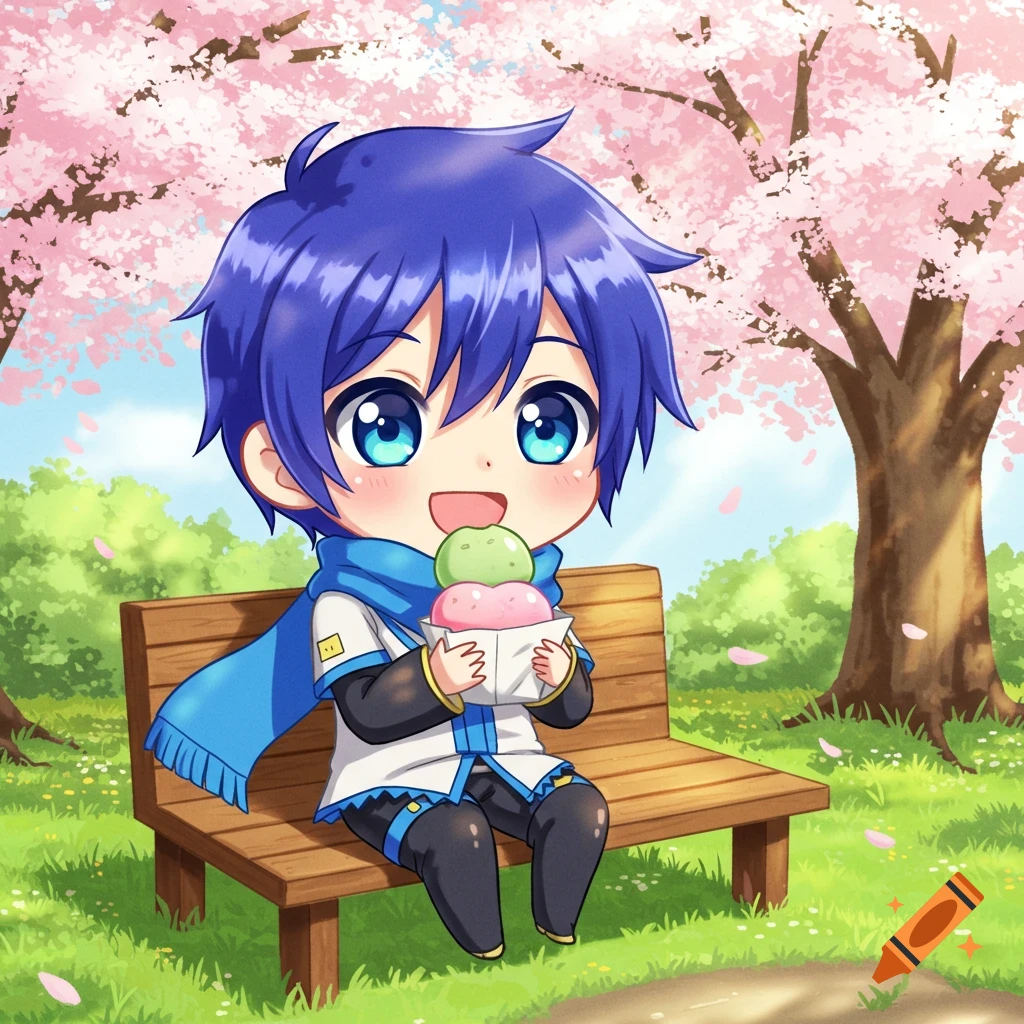 Chibi Kaito from Vocaloid happily sitting on a park bench, eating mochi under blooming cherry blossom trees. Anime illustration.