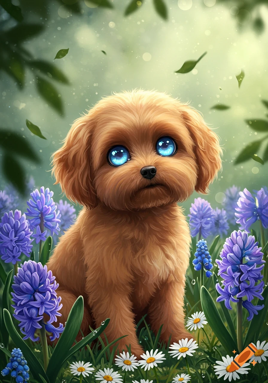 A fluffy brown dog with large bright blue eyes sits in a field of purple hyacinths and white daisies.