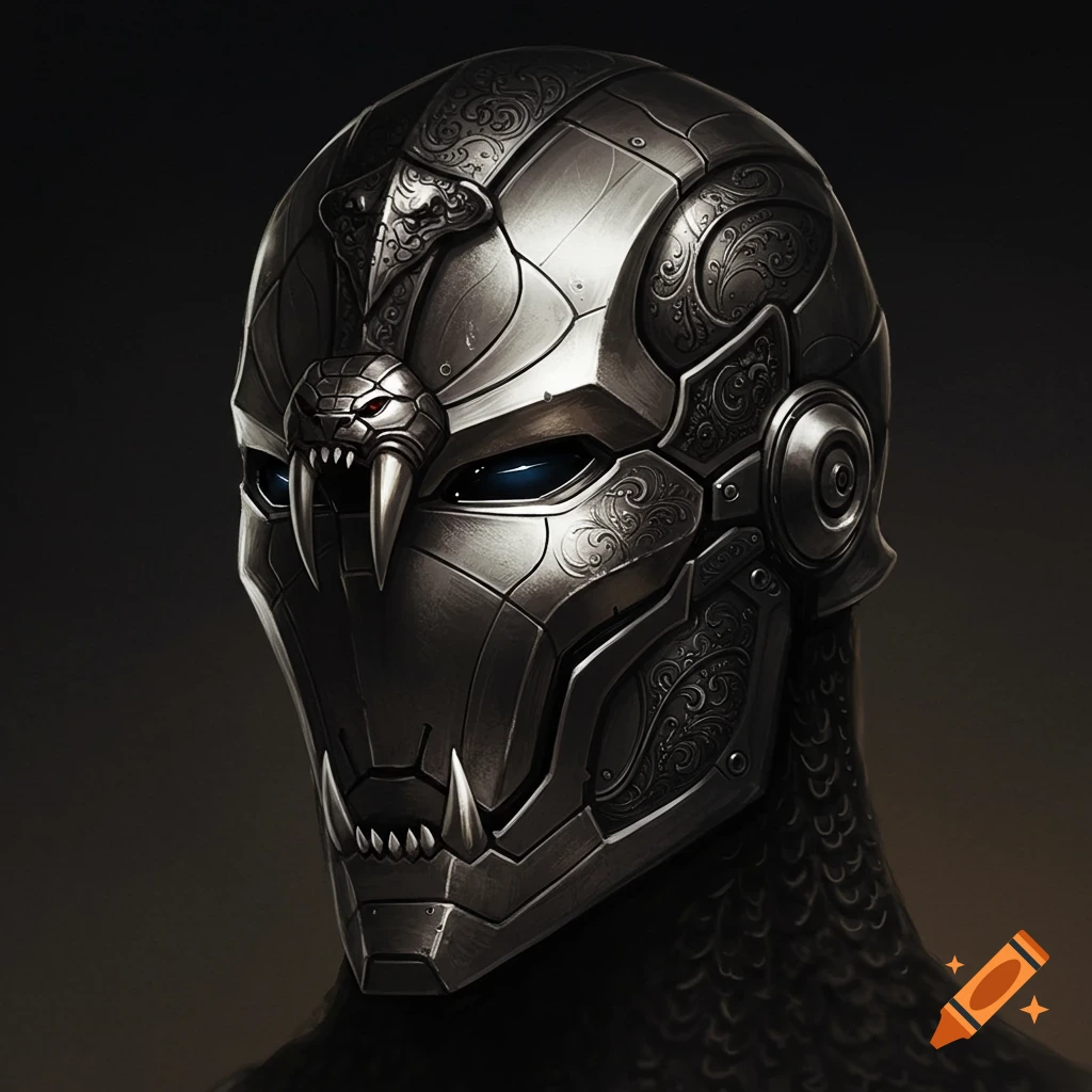 A close-up of a dark metallic futuristic helmet with intricate patterns, blue glowing eyes, and snake-like fangs.