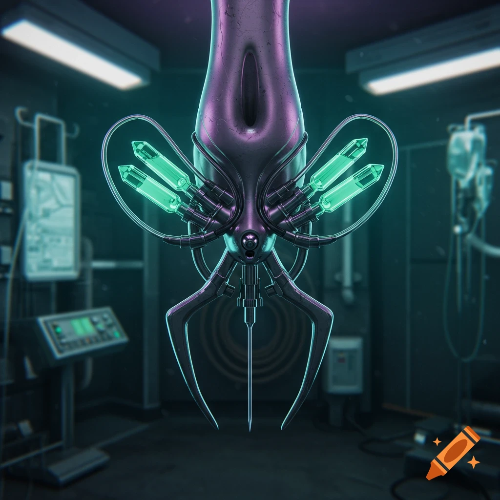 A sleek, dark metallic alien medical instrument with a long needle and glowing green vials, suspended in a dark futuristic lab.