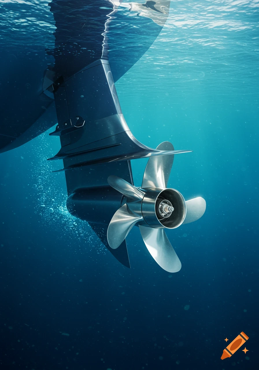 A close-up, underwater view of a boat's gleaming silver propeller and dark hull, with light filtering through the rippling water surface.